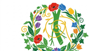 A flat folk-art vector illustration of the vagus nerve encircled by a wreath of poppies, tulips and ivy on a white background.