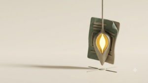 A soft matte clay render of a claim form beneath a plumb line hanging still above a marked point, with a single bright golden light element.