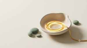 Clay still life of a cupped vessel holding a coiled glowing golden cord surrounded by sage pebbles