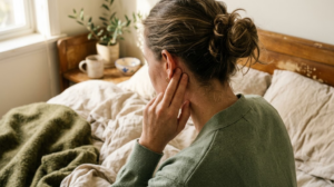A person on rumpled bed linen pressing two fingertips into the hollow behind their earlobe.