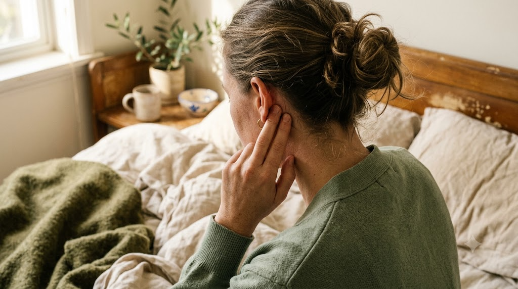 A person on rumpled bed linen pressing two fingertips into the hollow behind their earlobe.