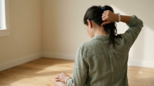 A photograph from behind of a person pressing a thumb into the base of their own skull.