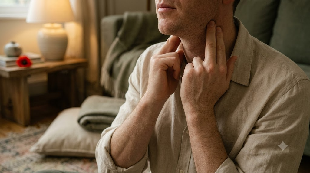 A person seated on a worn rug massaging the side of their own neck with two fingers in warm lamplight, head cropped out of frame.