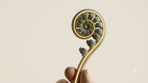 A sculpted matte clay curled fern frond with a bright continuous golden line tracing the length of the form.