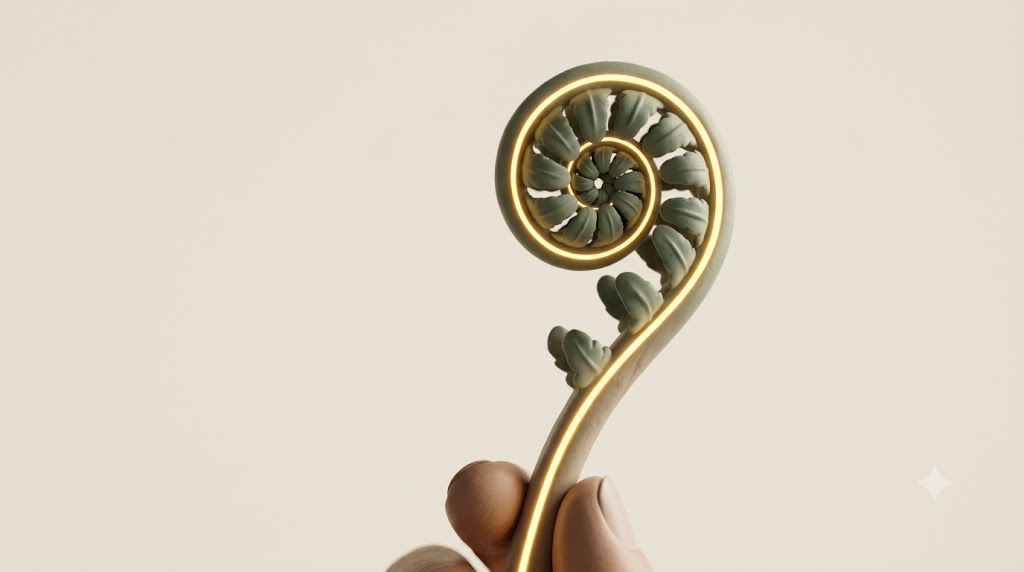 A sculpted matte clay curled fern frond with a bright continuous golden line tracing the length of the form.