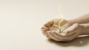 Clay cupped hands holding a small sage seedling with a golden light thread rising from it