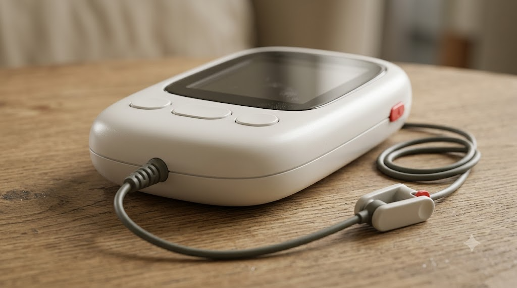 A small handheld nerve stimulator with an ear clip on a thin cable, photographed low on a worn oak surface.