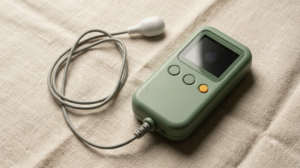 A small handheld nerve stimulator with a dark screen and a rounded probe head on a short cable, resting on a plain linen surface.
