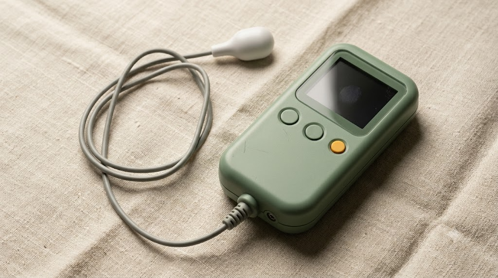 A small handheld nerve stimulator with a dark screen and a rounded probe head on a short cable, resting on a plain linen surface.