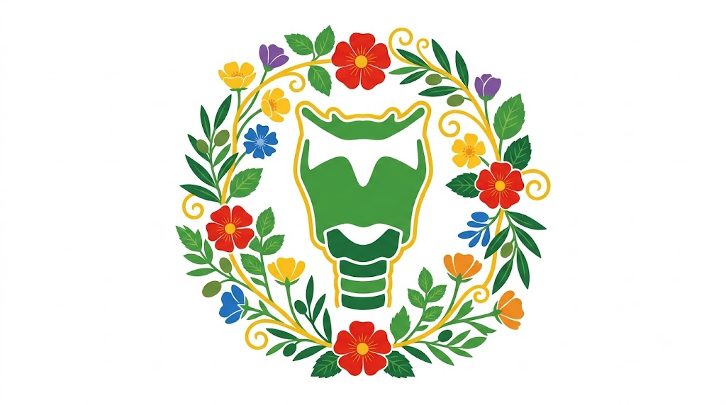 A flat folk-art vector illustration of a human larynx encircled by a wreath of stylised flowers and leaves on a white background.