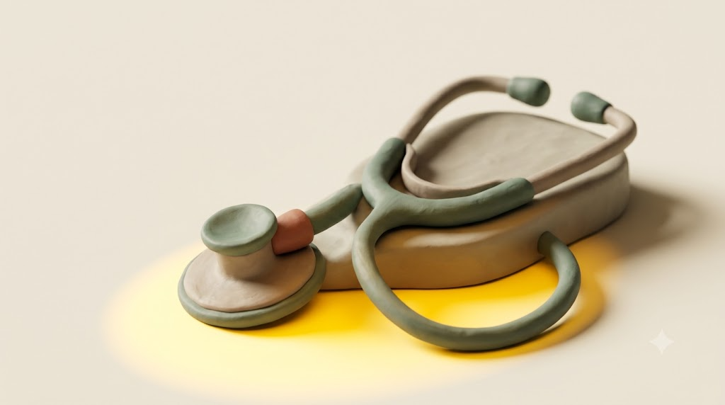 A sculpted matte clay stethoscope, marked by one bright golden light element.
