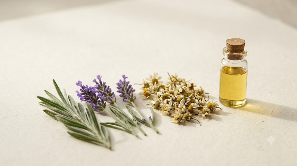 Sprigs of fresh lavender, dried chamomile flowers and a small plain glass vial of essential oil arranged in a row on cream paper.