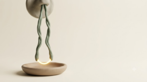 An extreme macro clay render of two slender nerve cords hanging like a pendulum above a shallow dish, with a bright golden arc bridging the gap between them.