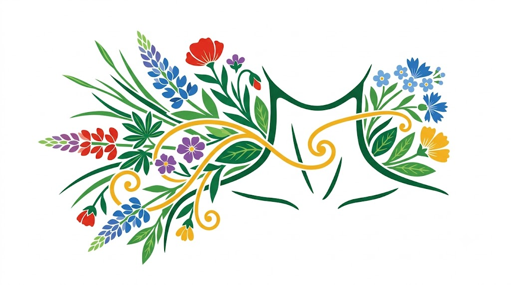 A flat folk-art vector illustration of a human neck decorated with stylised flowers on white.