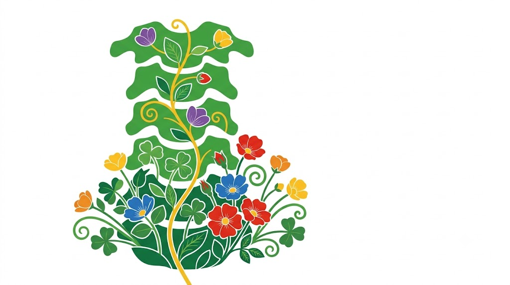 A flat folk-art vector illustration of a cervical spine with wild roses and buttercups climbing around it.