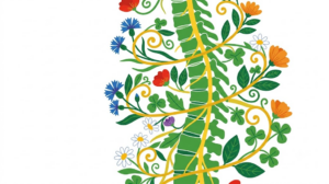 A flat vector folk-art illustration of a length of spine with a nerve alongside it, wrapped in stylised vines and flowers.