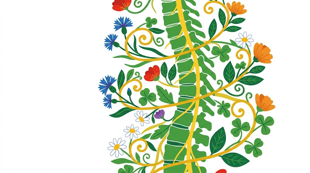 A flat vector folk-art illustration of a length of spine with a nerve alongside it, wrapped in stylised vines and flowers.