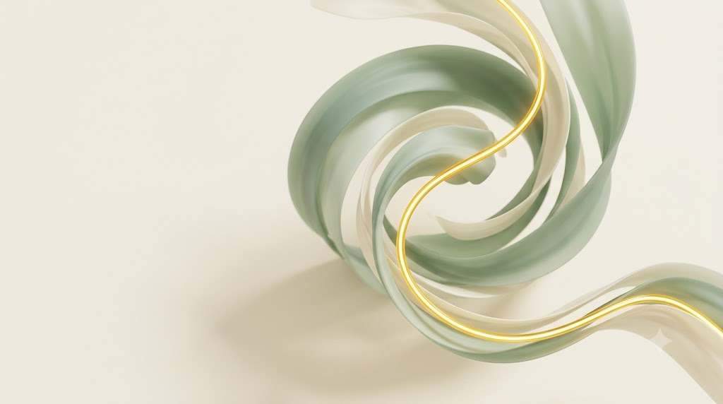 Abstract sage and ivory ribbons of breath spiralling with a bright golden filament threading through the centre