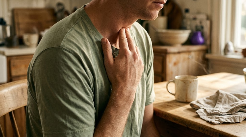 A person pressing two fingertips into a pressure point at the base of their own throat at a kitchen table in late afternoon light.