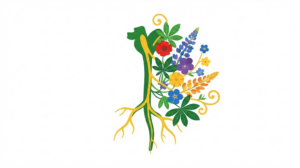 A flat vector folk-art illustration of the human vagus nerve with a spray of stylised flowers and leaves on a white background.