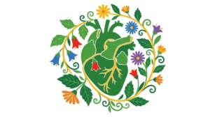 A flat vector folk-art illustration of a human heart on a white background.
