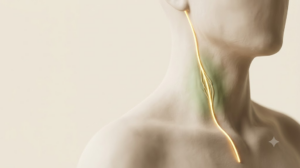 Matte clay neck in close view with a glowing golden vagus nerve line and a soft sage bloom of tissue regeneration around one segment