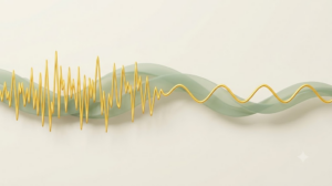 Abstract golden waveform that begins jagged and chaotic on the left and settles into a calm regular wave on the right