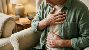 A person in a deep armchair breathing out slowly with one hand on their chest and one on their belly.
