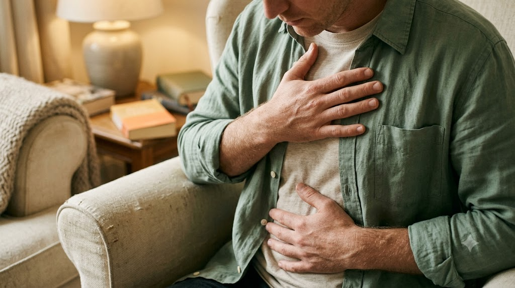 A person in a deep armchair breathing out slowly with one hand on their chest and one on their belly.