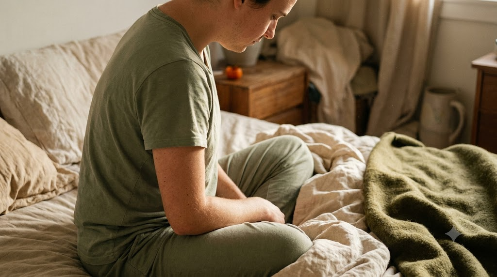 A person seated in profile on a rumpled bed with their head lowered, shifting their gaze slowly to one side in warm late afternoon light.