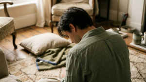 Seen over the shoulder on a worn rug, a person rolls their head slowly in a half circle in soft window light.