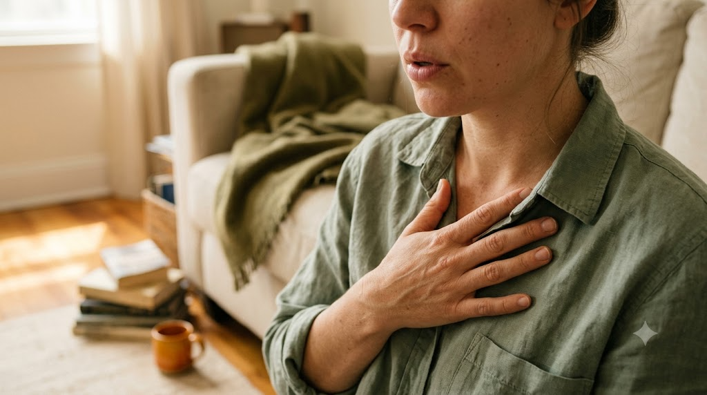 A person on a sofa humming with one hand flat on their chest in morning light.