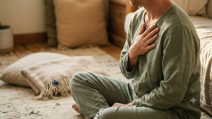A person sitting cross-legged on a worn rug with one hand on their chest, breathing out in warm late afternoon light.