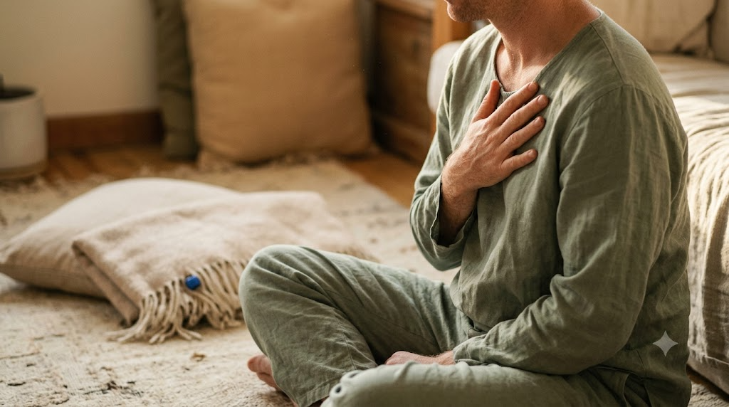 A person sitting cross-legged on a worn rug with one hand on their chest, breathing out in warm late afternoon light.
