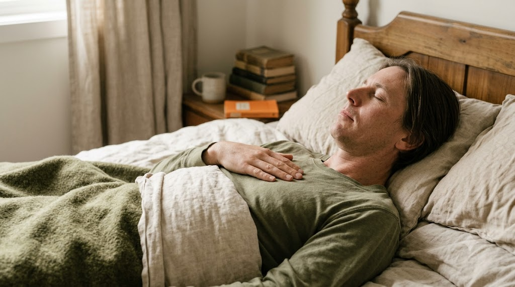 A person lying back on rumpled bed linen letting a long slow breath out with one hand on their upper chest.