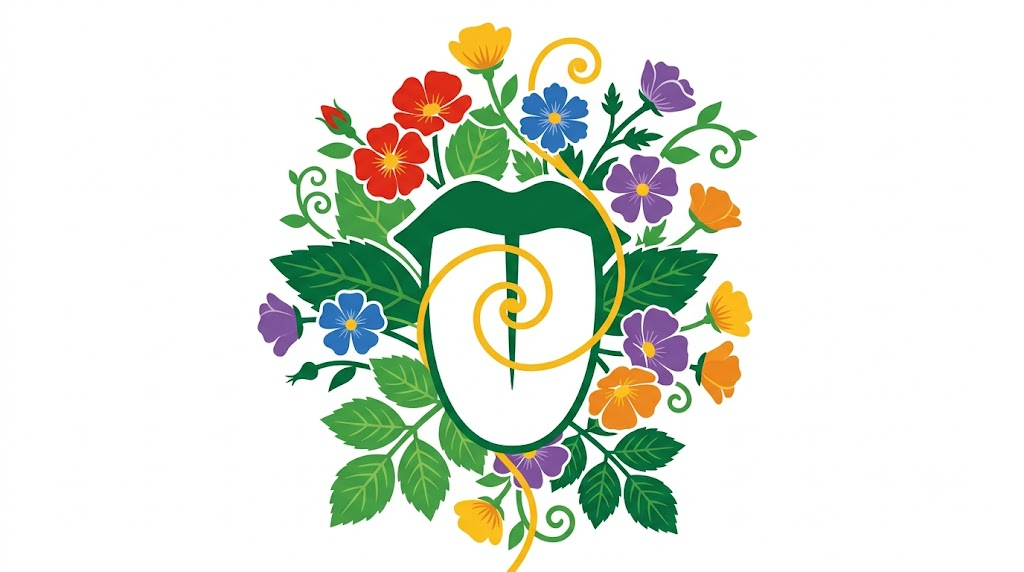 A flat folk-art vector illustration of a human tongue silhouette against wild roses, buttercups and broad leaves.