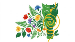A flat folk-art vector illustration of a human throat and larynx among stylised flowers and curling vines on a white background.