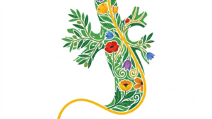 A flat folk-art vector illustration of a vagus nerve filled with poppies, tulips and olive sprigs.