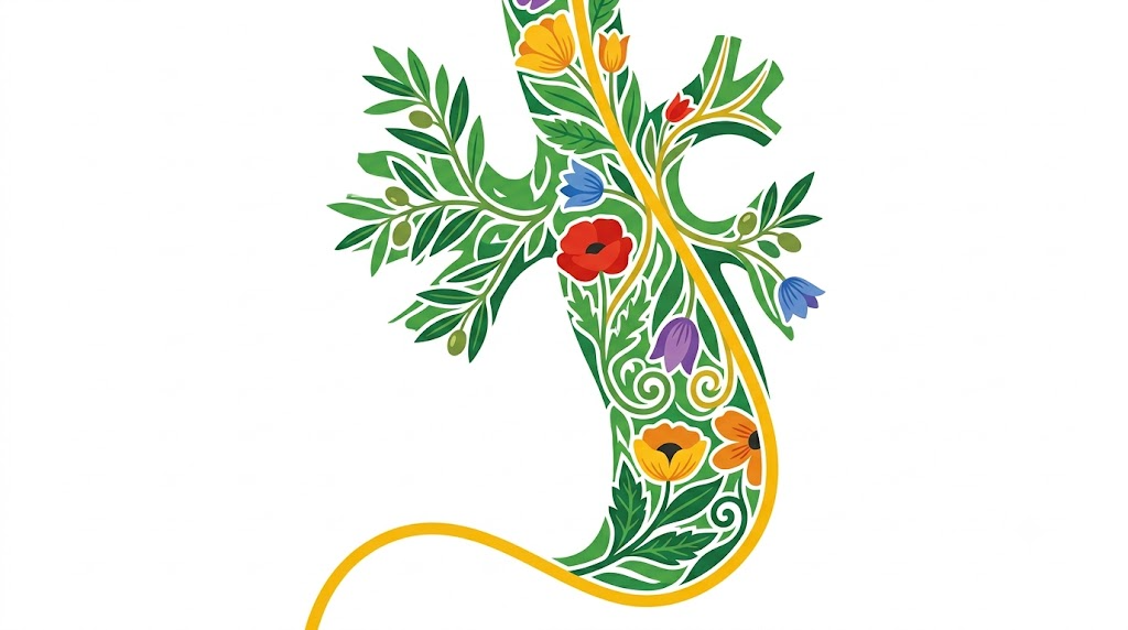 A flat folk-art vector illustration of a vagus nerve filled with poppies, tulips and olive sprigs.