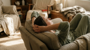 A person lying on their back with both hands cradling the base of their skull