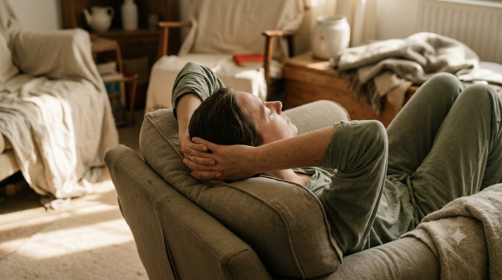 A person lying on their back with both hands cradling the base of their skull
