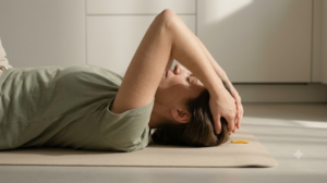 Photograph of a person lying on their back on a mat with both hands cradling the back of their head.