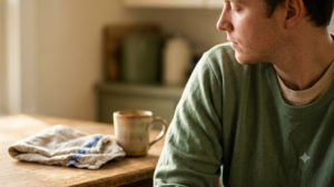 In profile at a kitchen table, a person turns their eyes to one side while their head stays still in warm afternoon light.