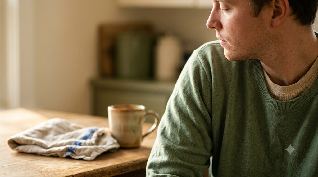 In profile at a kitchen table, a person turns their eyes to one side while their head stays still in warm afternoon light.