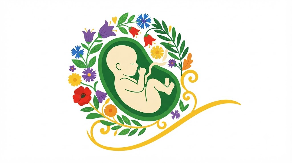 Flat vector illustration of a curled fetus in the womb encircled by a folk-art wreath of violet bellflowers, asters and olive sprigs.