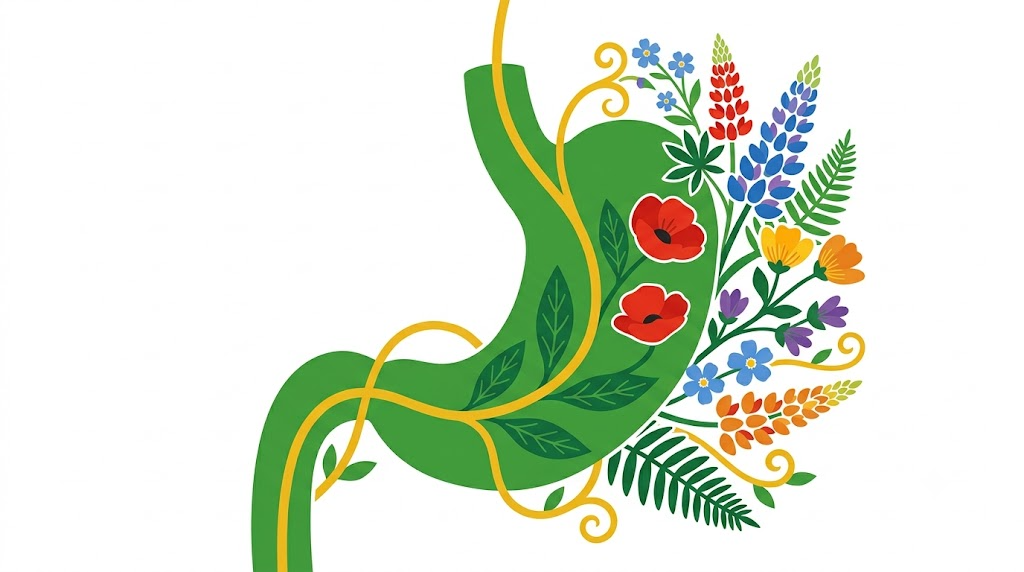 A flat vector folk-art illustration of a stomach with a vagus nerve branch running along it, framed by stylised foliage.