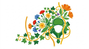 A flat folk-art vector illustration of a neck vertebra with a nerve passing beside it, framed by stylised flowers on white.