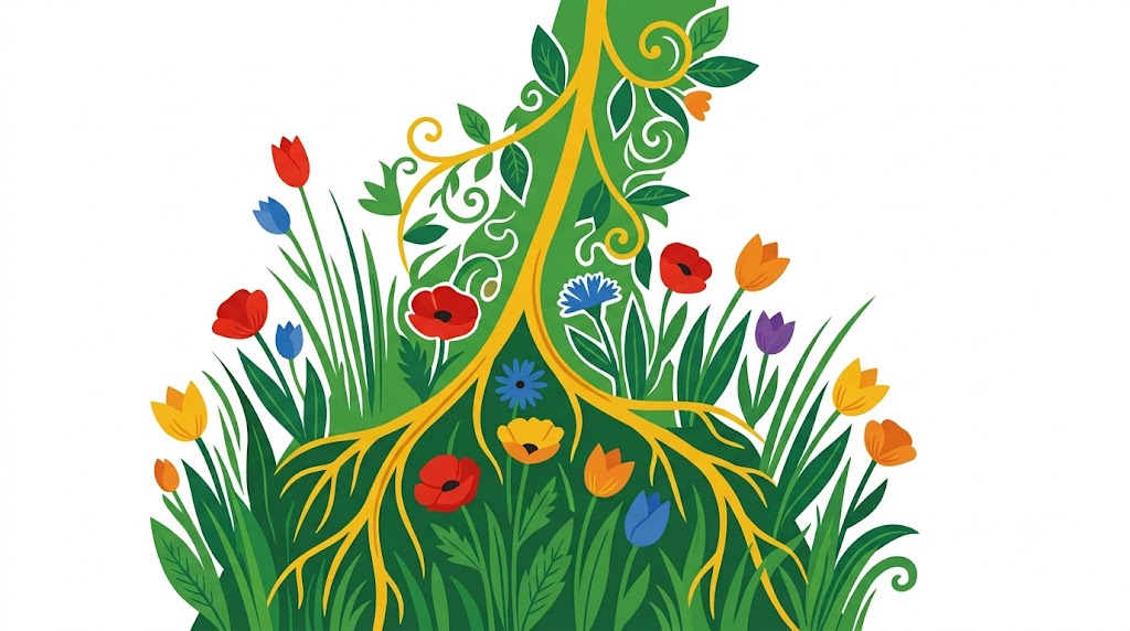 A flat folk-art vector illustration of the human vagus nerve framed by stylised flowers, leaves and curling vines on a white background.