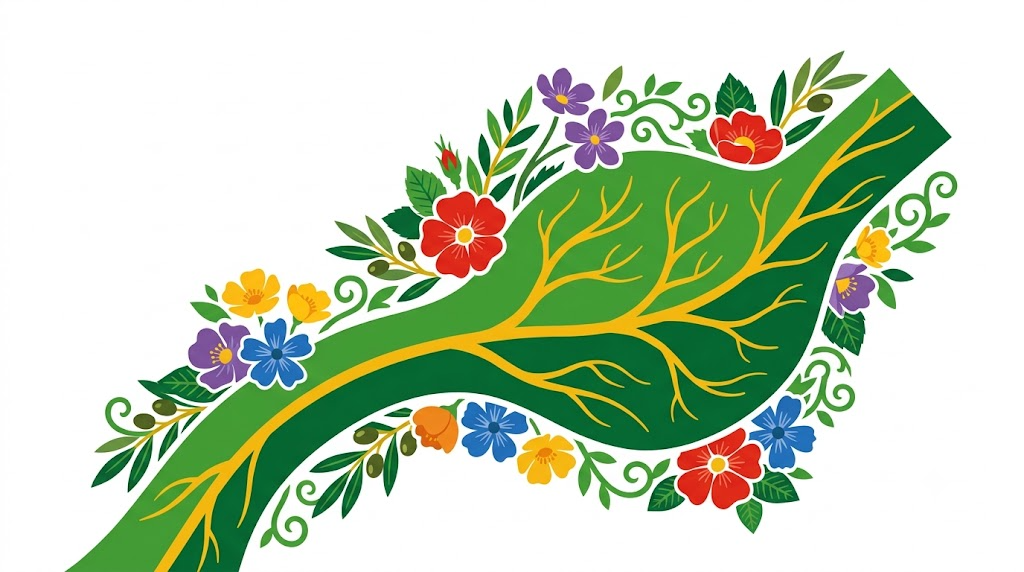 A flat folk-art vector illustration of a vagus nerve with a swelling pressing against it, decorated with stylised flowers on white.