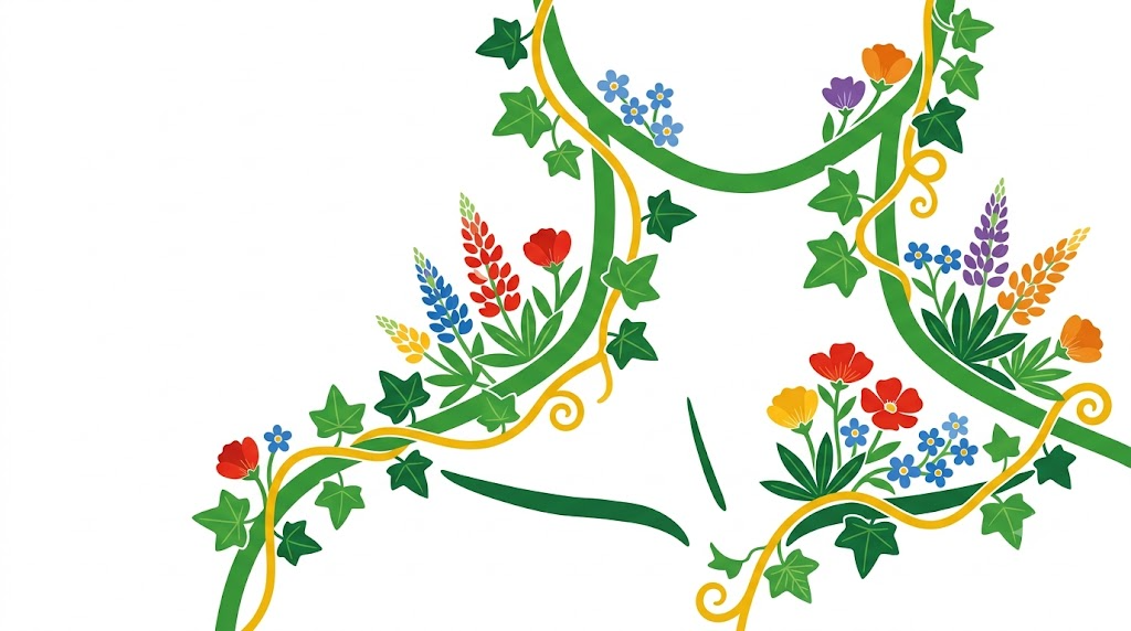 Flat vector illustration of a throat and upper chest surrounded by folk-art blooms.